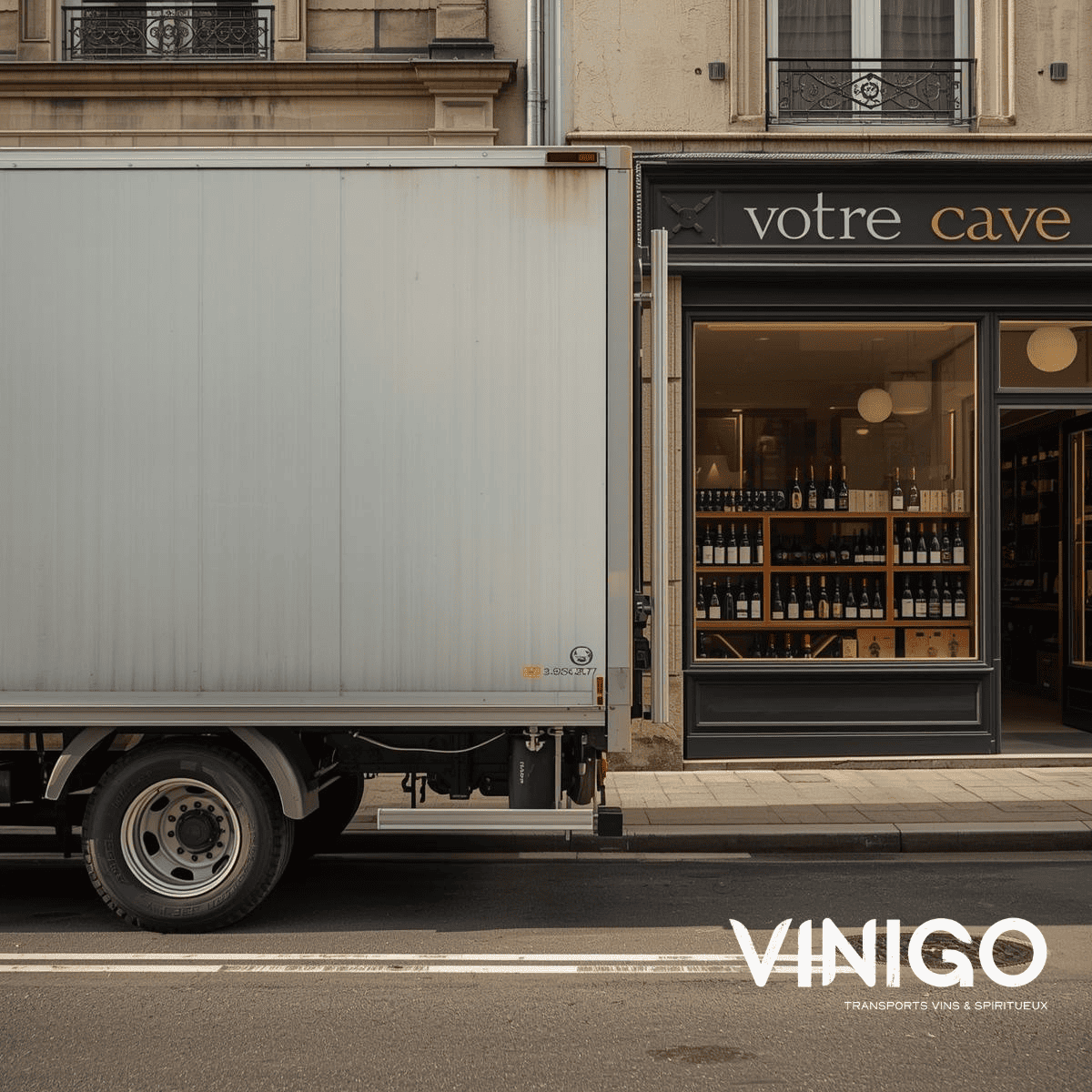 Arrière d'un camion blanc devant une boutique qui vends du vin
