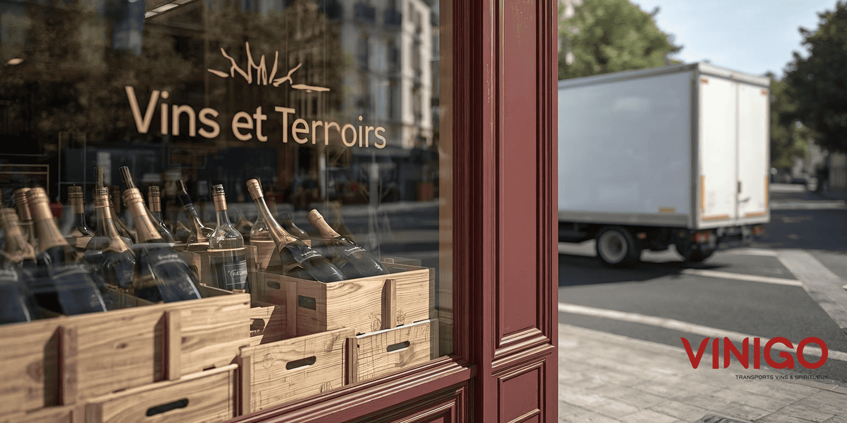 Camion en fond sur la route passant devant une boutique de vin