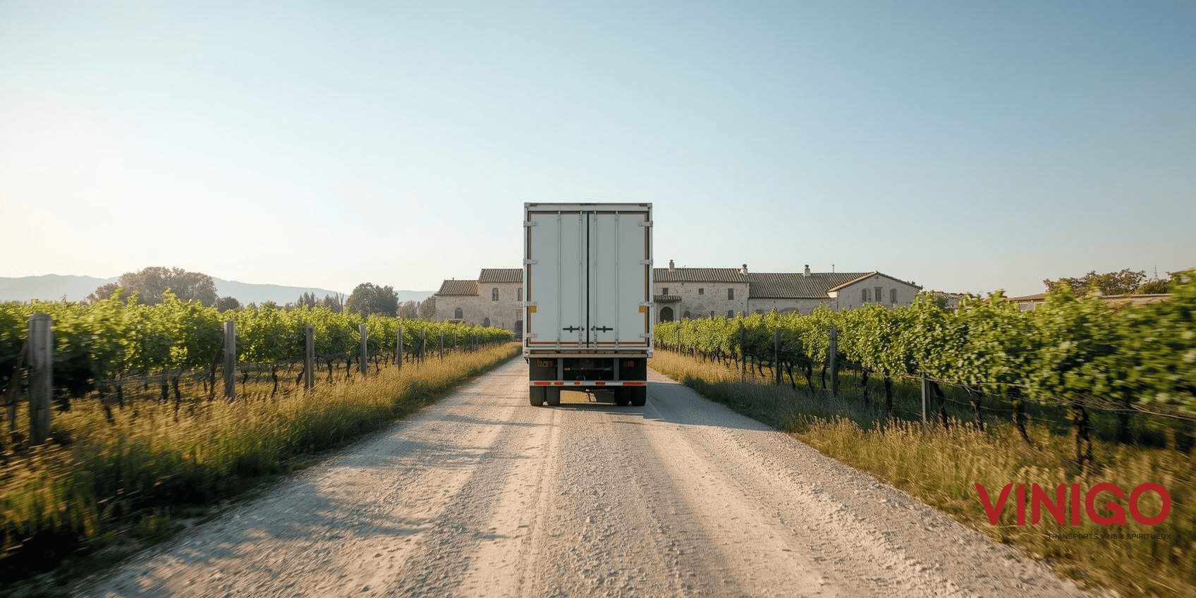 Camion blanc sur la route entre des champs de vignes