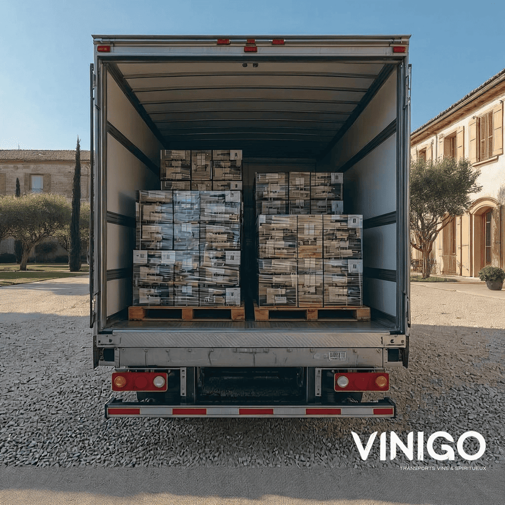 Camion rempli de caisses et cartons de vin