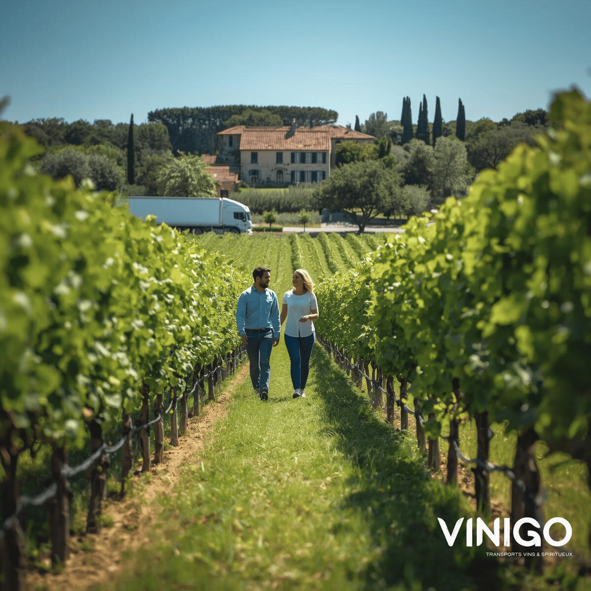 Un homme et une femme en train de marcher dans des vignes
